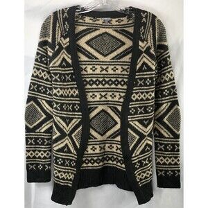 Vtg Charlotte Russe Cardigan Sweater XS Tan Gray Geo Fair Isle Open Boho Tribal